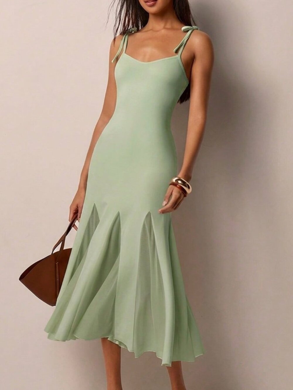 Green Elegant Women's Tie Strap Patchwork Hem Midi Dress